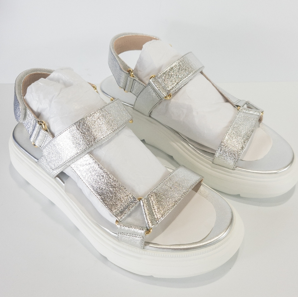 Stuart Weitzman Zolie Metallic Leather Platform Sandals Silver -8.5 - Picture 6 of 8